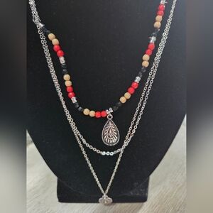 205# Paparazzi Red and Black Beaded Necklace with Silver Chains